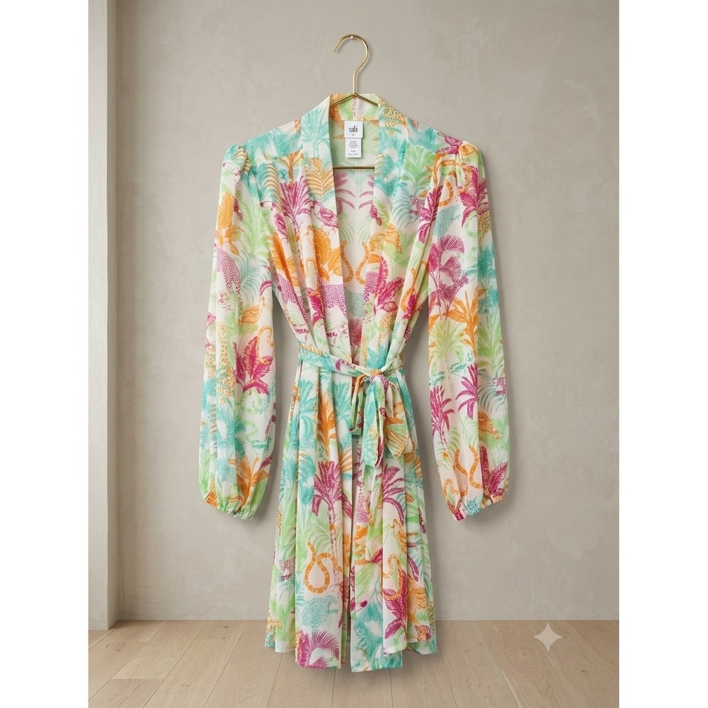 Cabi Safari Topper 6185 Tropical Jungle Print Wrap Duster Cardigan Womens Medium